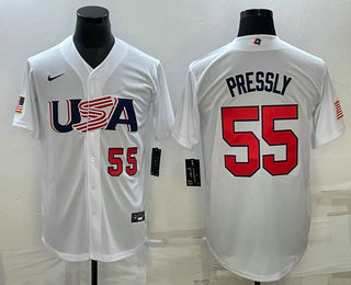 Men%27s USA Baseball #55 Ryan Pressly Number 2023 White World Baseball Classic Stitched Jerseys